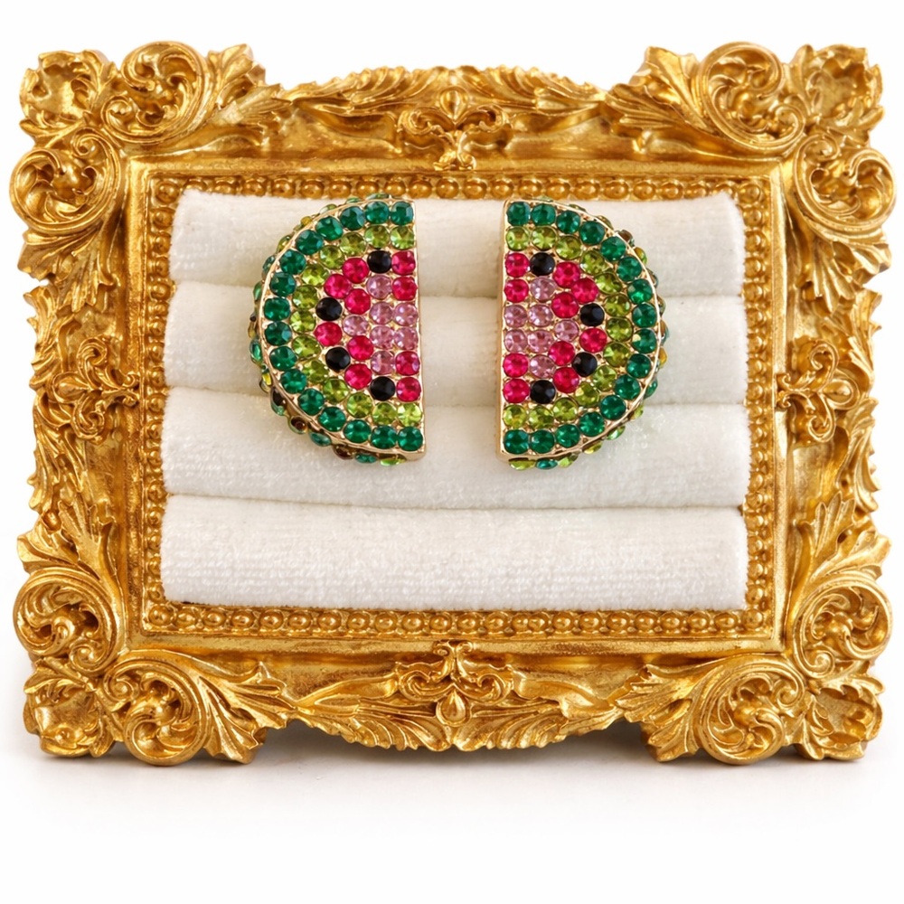 Watermelon Rhinestone Stud Earrings – Colorful‎ Statement Half Moon – New